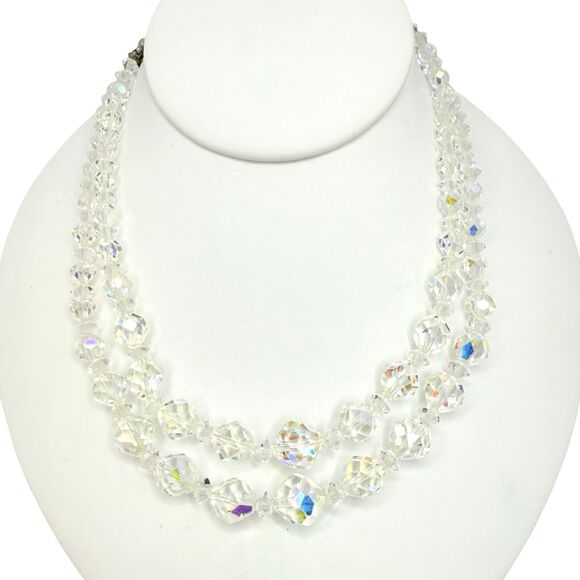 VTG Crystal Double Strand Necklace 17.5" Aurora Borealis Formal Wedding Jewelry - Picture 1 of 11
